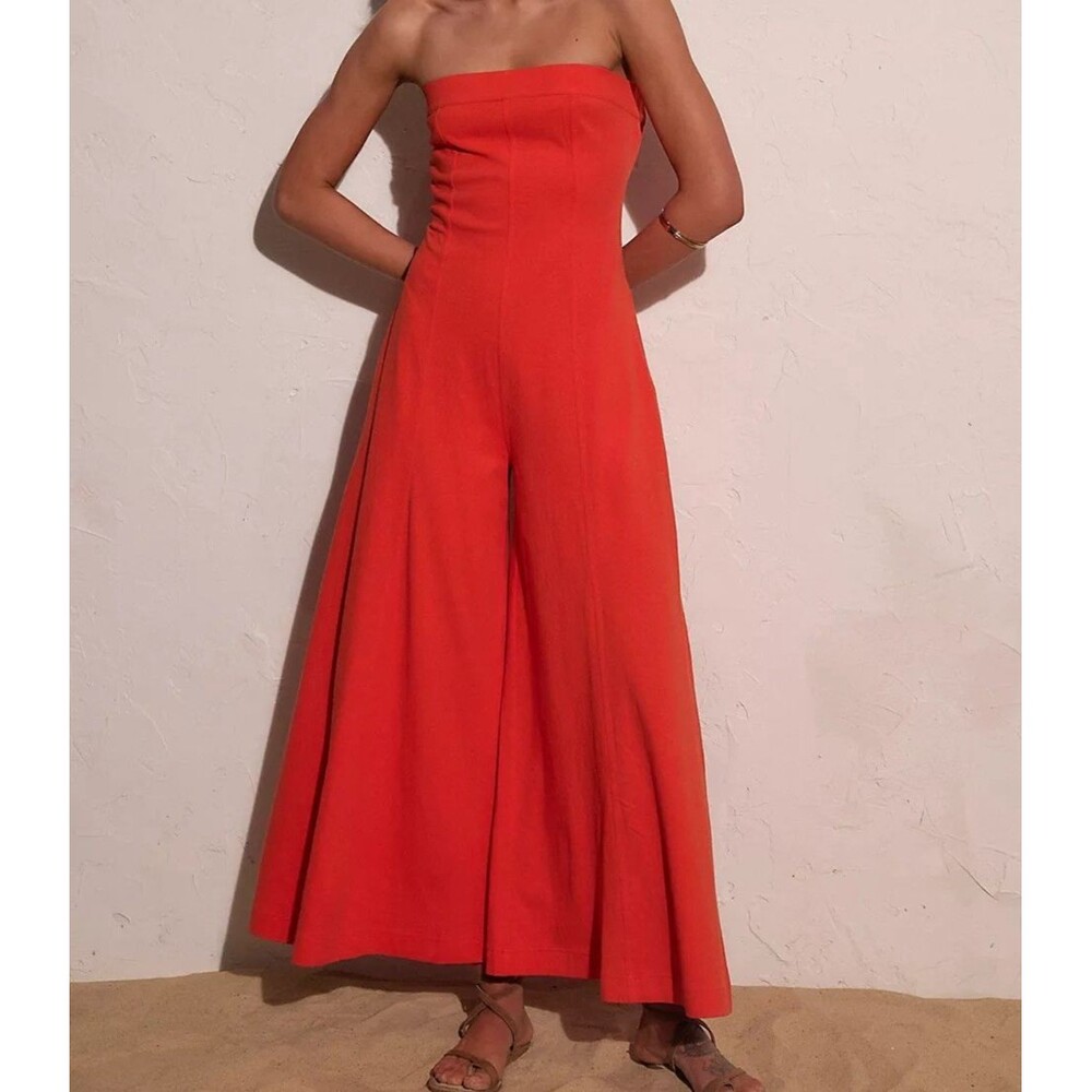 Free People Strapless Wide-Leg Jumpsuit in Bright Red